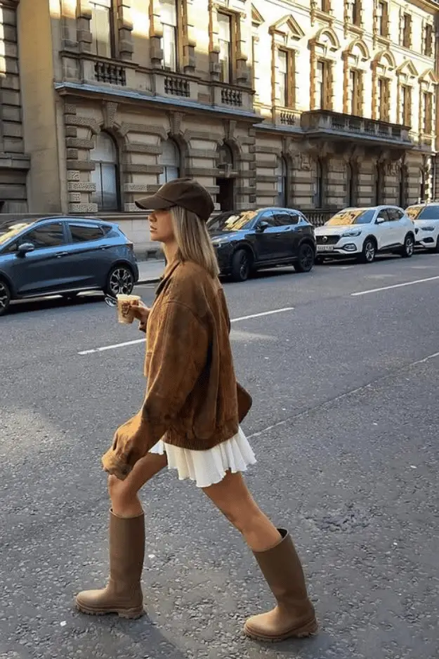 Brown Suede Knee-High Boots with Oversized Suede Jacket Brown Suede Knee-High Boots with Oversized Suede Jacket — Suede Boots Outfits