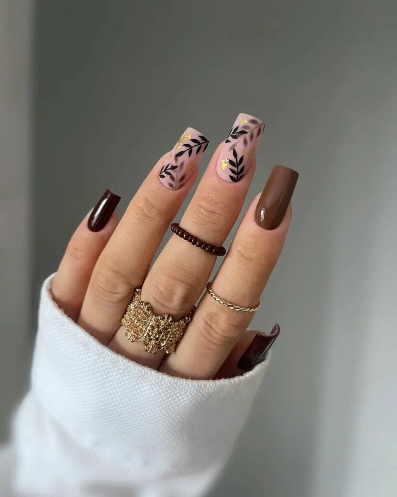 Solid Brown with Black Leaf Motifs — Brown Nail Designs