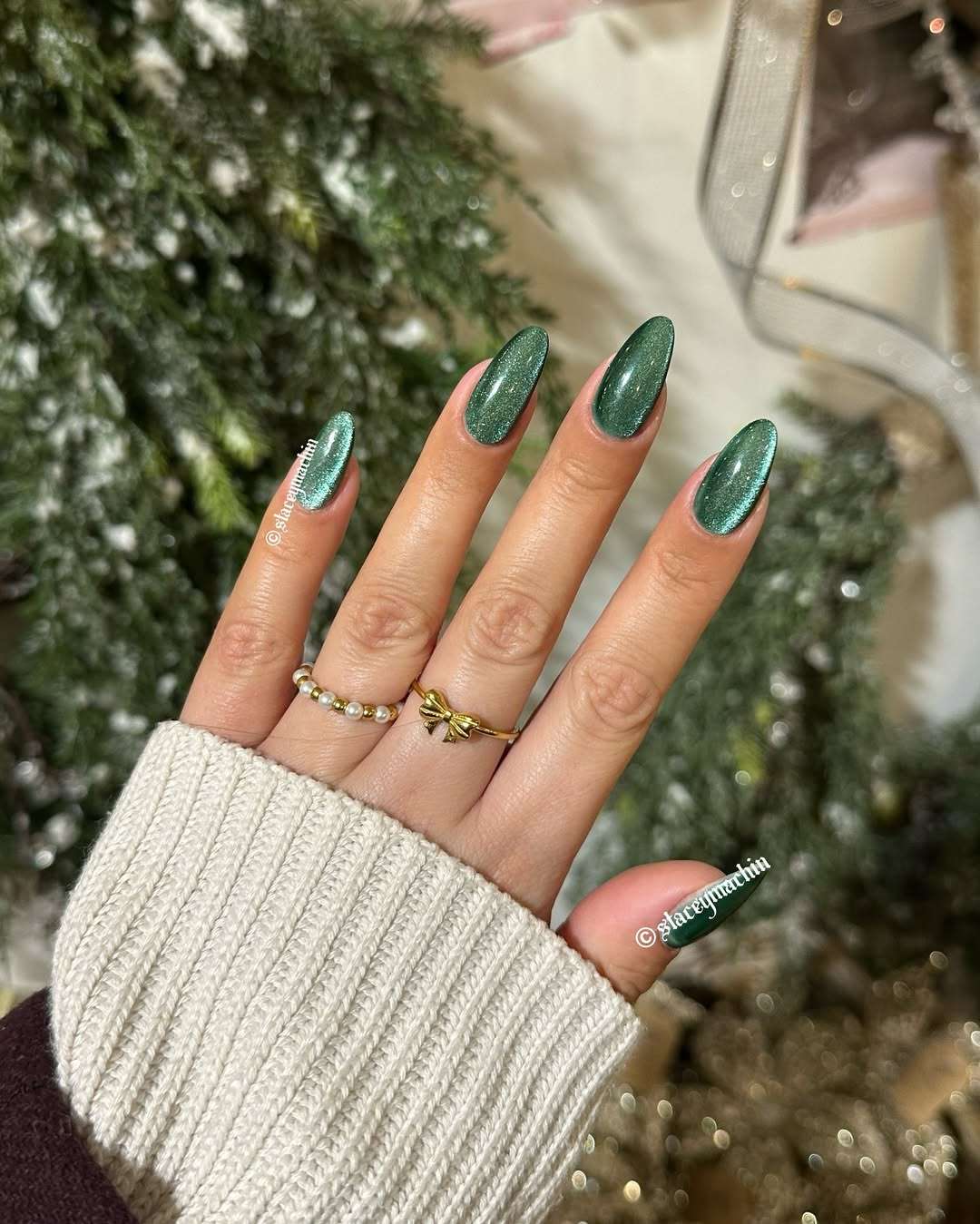 Shimmering Emerald Green Almond Nails — Winter Gel Nails
