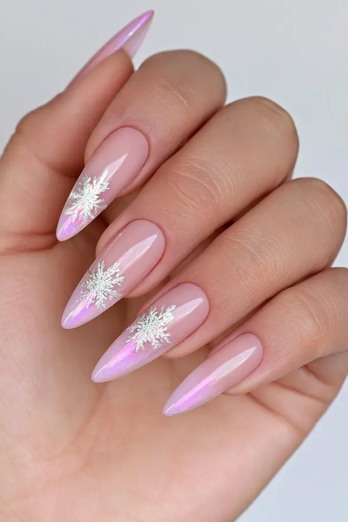 Pale Pink with Iridescent Tips and Snowflakes Pale Pink with Iridescent Tips and Snowflakes — Winter Chrome Nails
