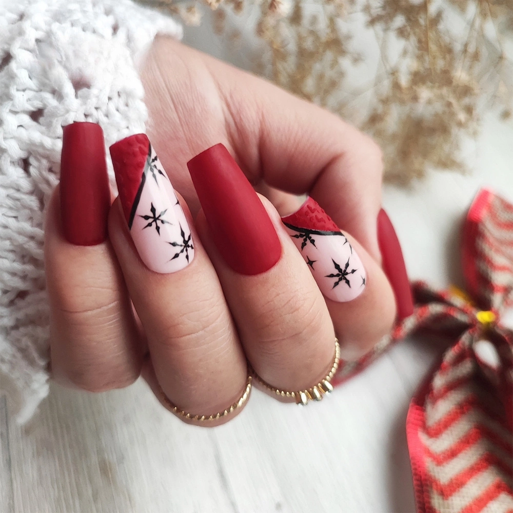 Deep Matte Red Snowflake Knit Coffin Deep Matte Red Snowflake Knit Coffin — Winter Nail Designs