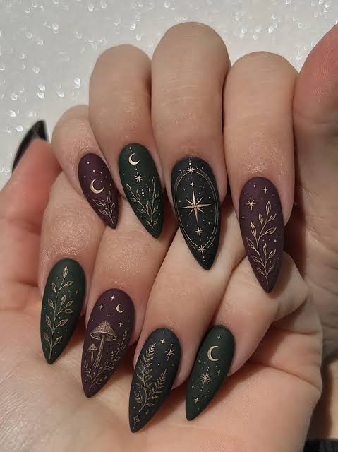 Mystical Matte Green and Plum with Gold Foil Mystical Matte Green and Plum with Gold Foil — Medium Length Winter Nails