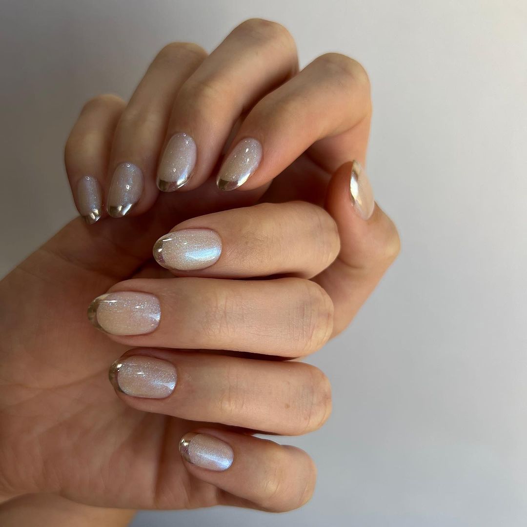 Iridescent Shimmer with Silver French Iridescent Shimmer with Silver French — Natural Winter Nails