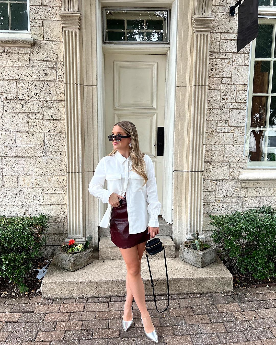 Burgundy Leather Mini Skirt with White Shirt and Silver Pumps Burgundy Leather Mini Skirt with White Shirt and Silver Pumps — Burgundy Outfits