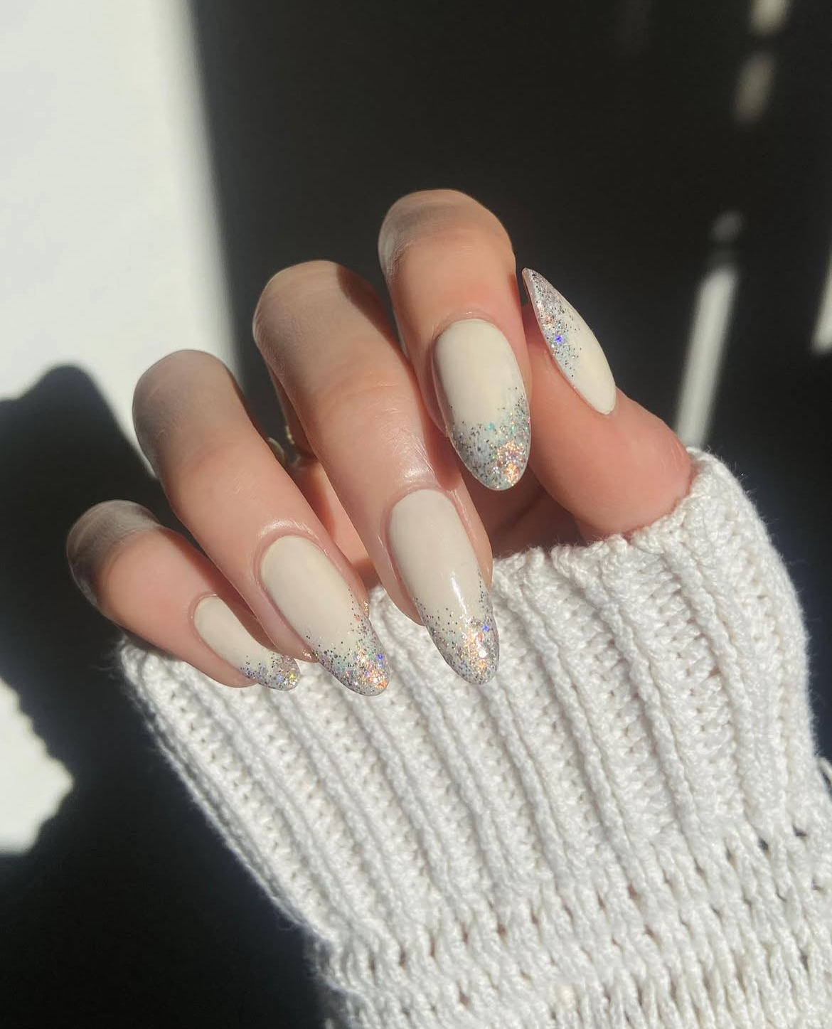 Pale Beige Glitter Tip Almonds Pale Beige Glitter Tip Almonds — Short Winter Almond Nails