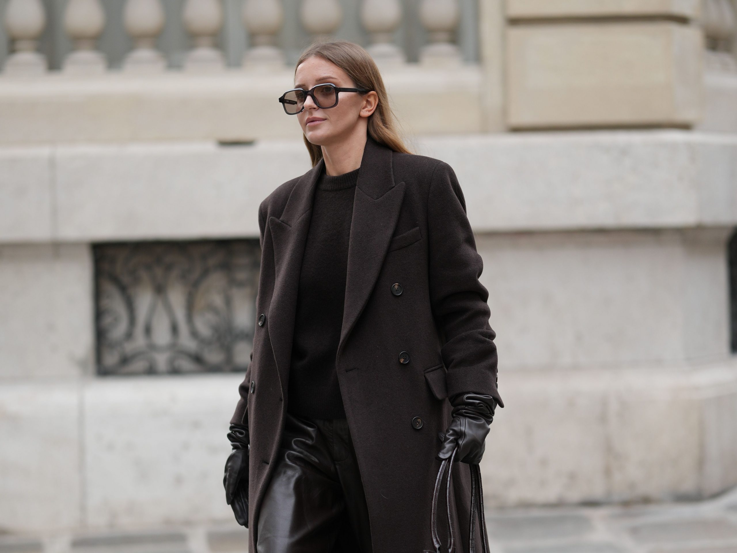Dark Brown Peacoat with Black Leather Pants and Gloves — Peacoat Outfits