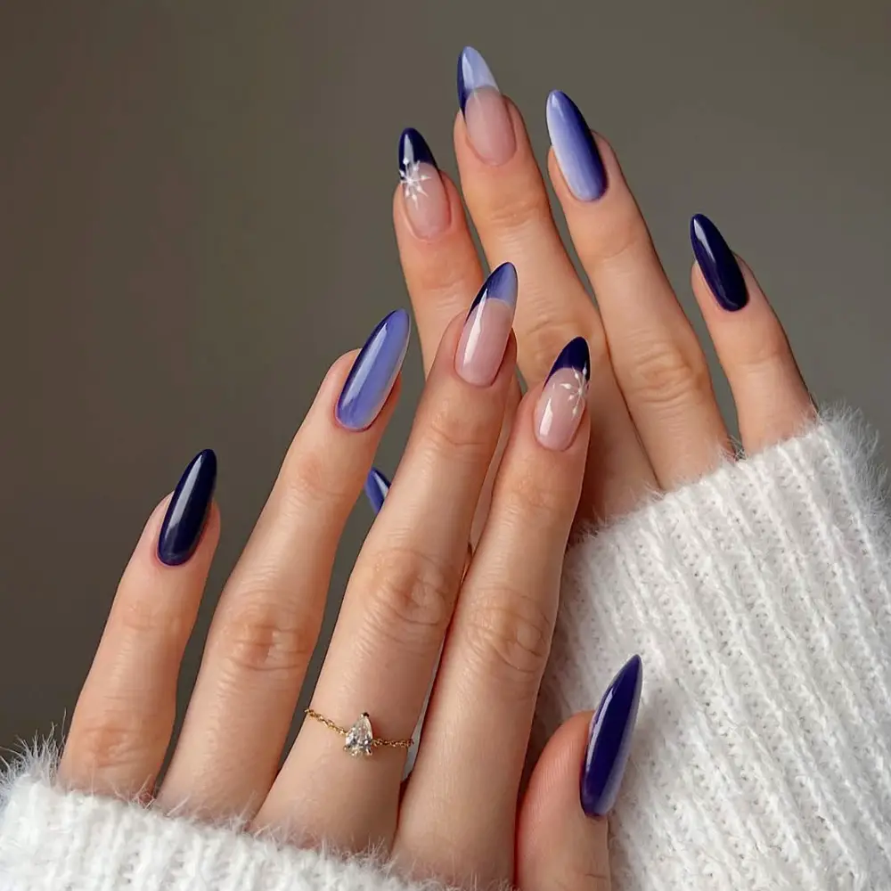 Navy Ombre French Tips with Snowflake Navy Ombre French Tips with Snowflake — Winter Almond Nails
