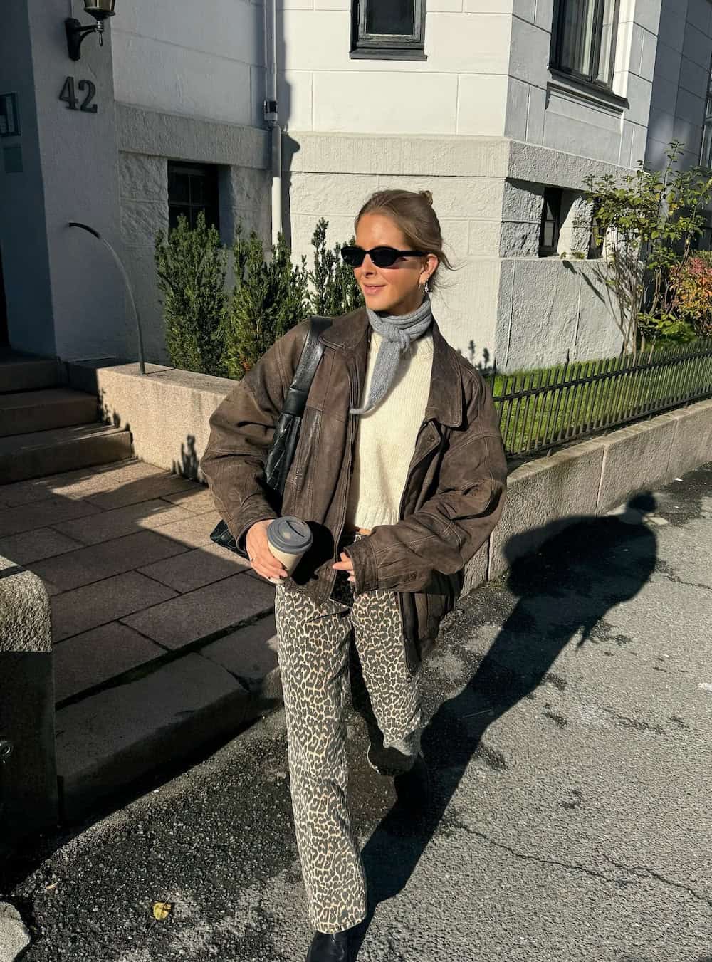 Leather Jacket and Leopard Trousers for Edgy Style — Scandinavian Winter Outfits