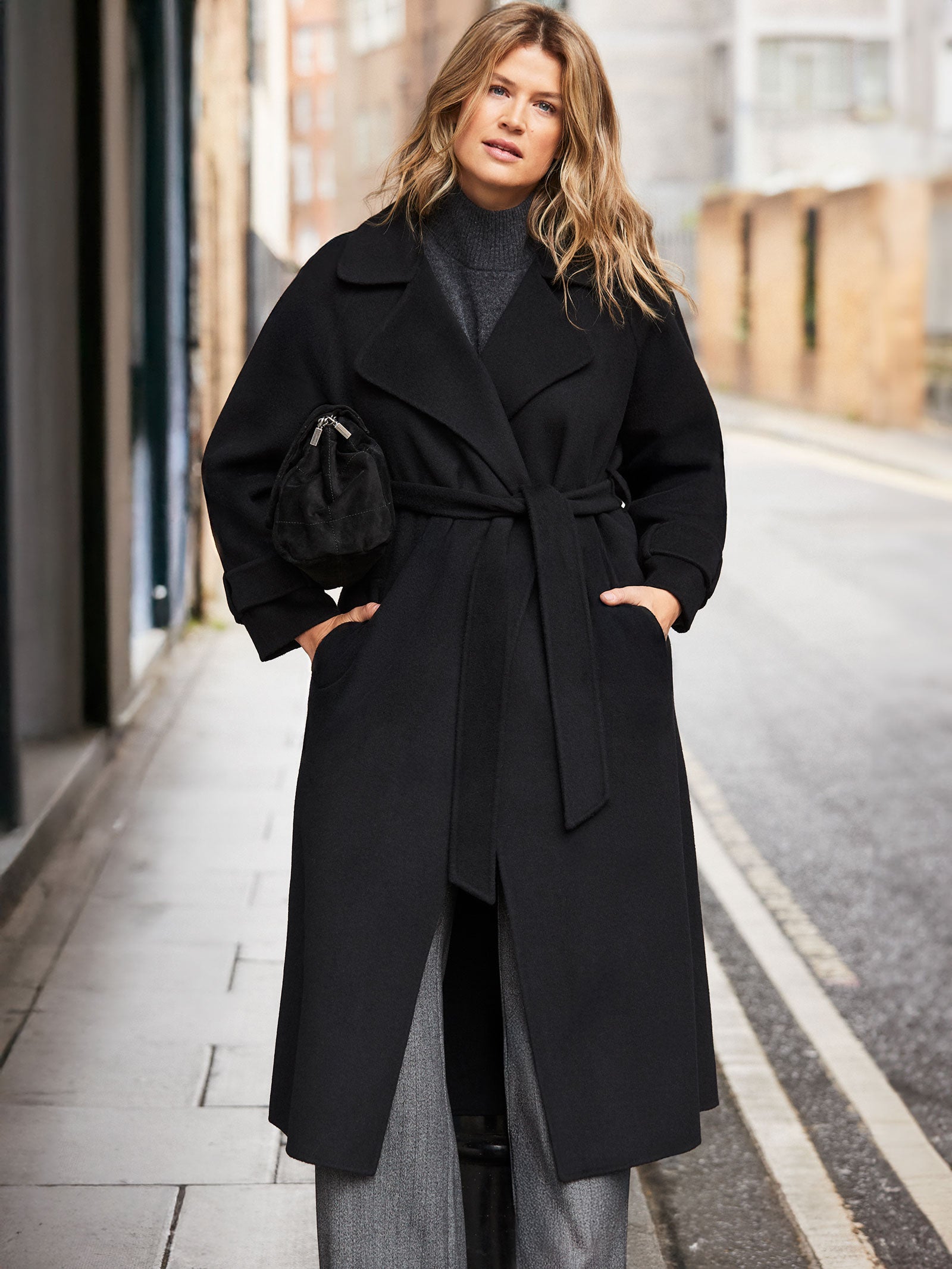 Polished Casual or Work Wear with a Belted Black Coat Black Coat Outfits