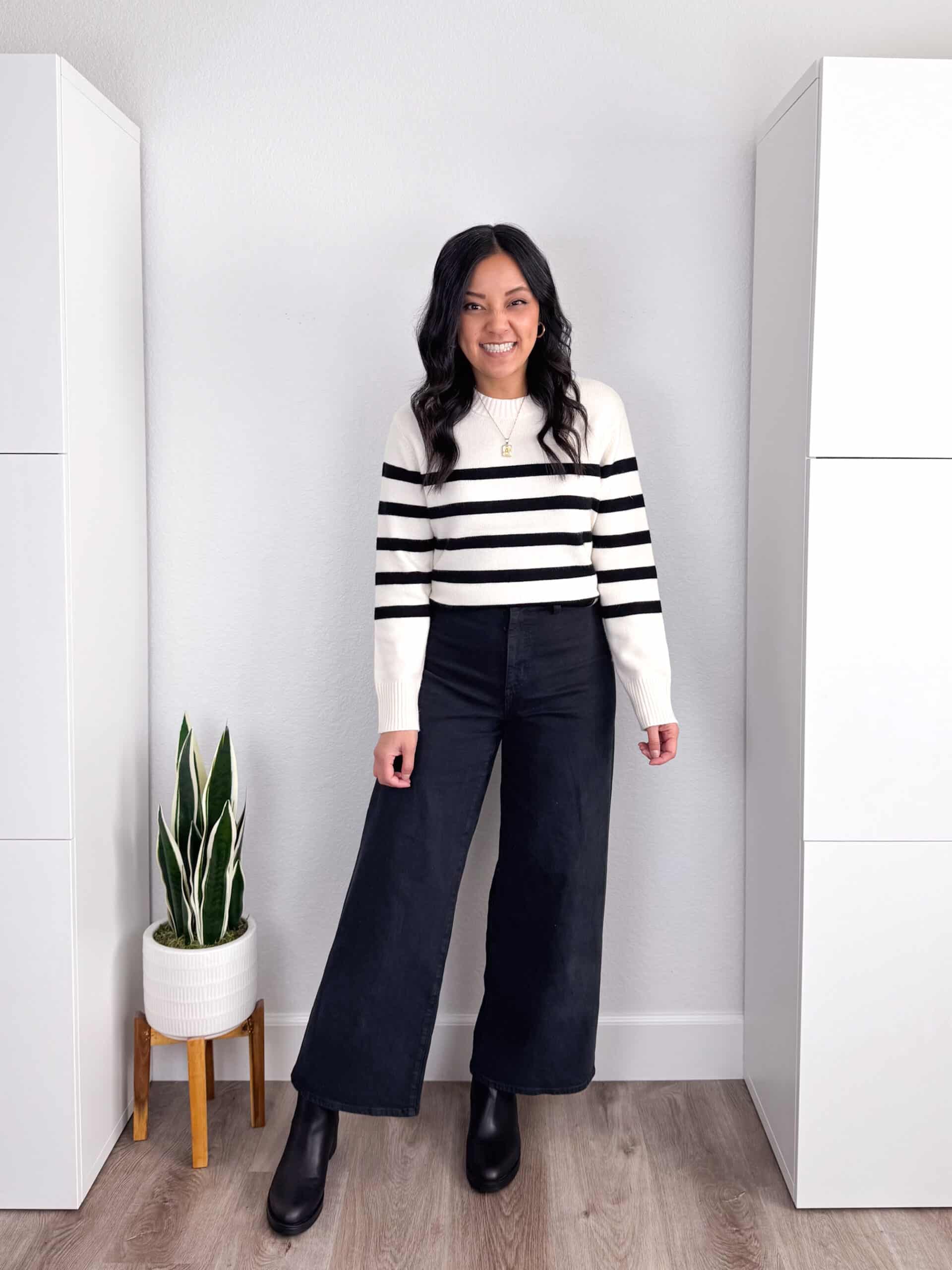 Striped Knit Sweater and Wide-Leg Trousers: Chic Winter Separates Striped Knit Sweater and Wide-Leg Trousers: Chic Winter Separates — Casual Winter Outfits