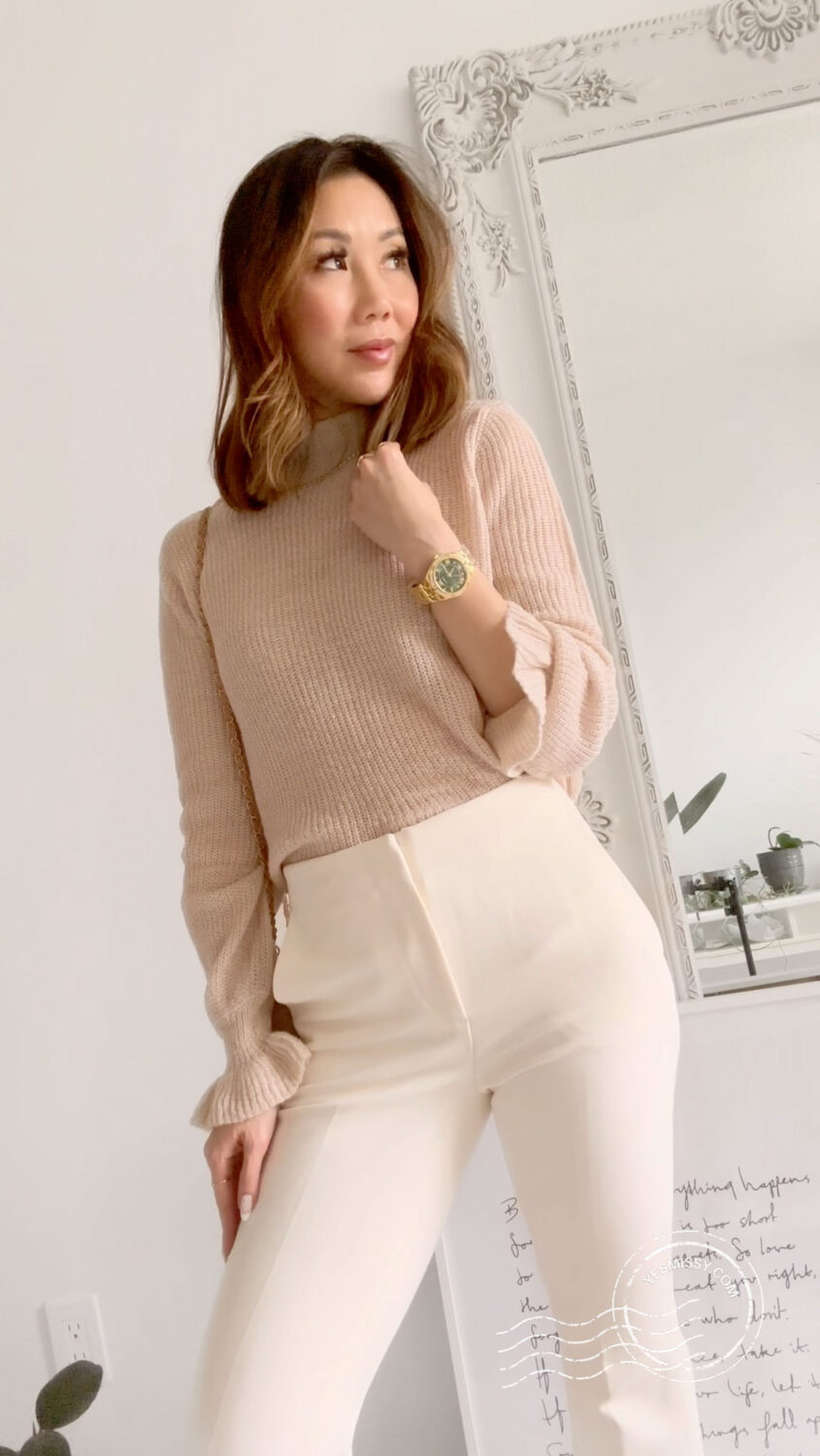 Beige Turtleneck with Ruffled Sleeves and Cream Pants — Neutral Winter Outfits
