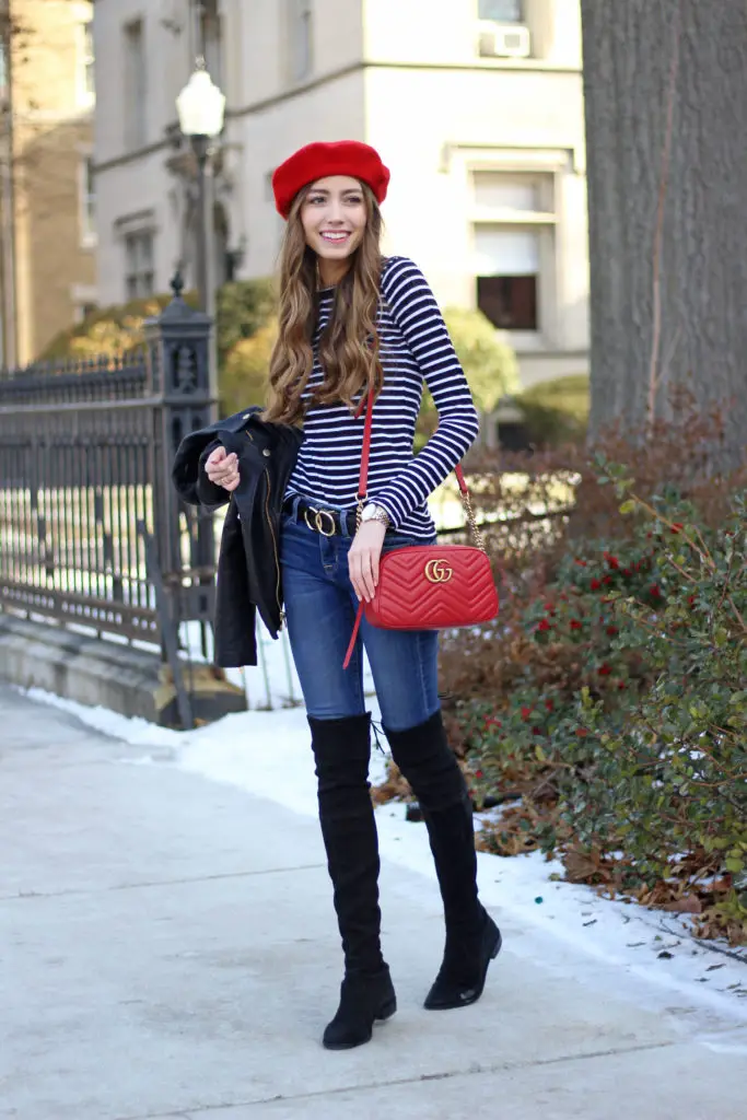 Red Beret with Striped Top, Jeans, and Leather Jacket — Beret Outfits