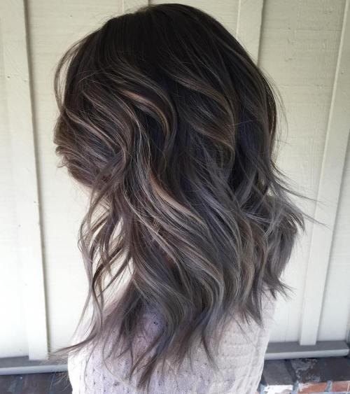 Dark Ash Grey Lob With Lighter Highlights Dark Ash Grey Lob With Lighter Highlights — Winter Hair Colors for Gray Hair