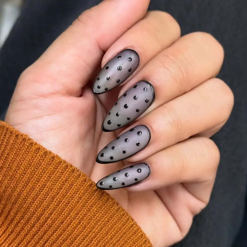 Sheer Grey Polka Dot French Stilettos Sheer Grey Polka Dot French Stilettos — Winter Stiletto Nails
