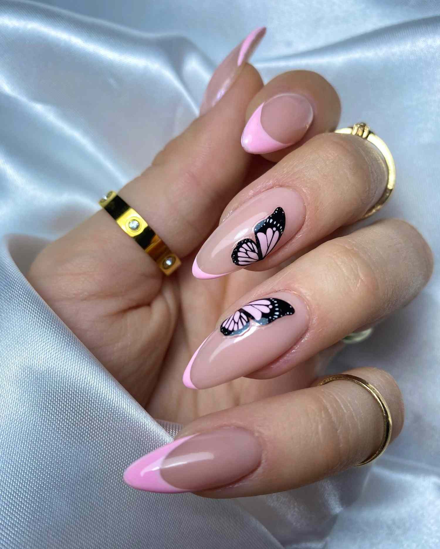 Pink French Butterfly Almonds Pink French Butterfly Almonds — Almond Nail Designs