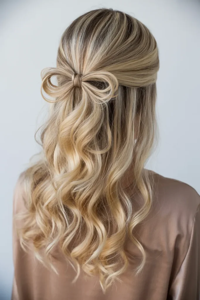 Blonde Half-Up With Bow Accessory Blonde Half-Up With Bow Accessory — Winter Date Night Hairstyles