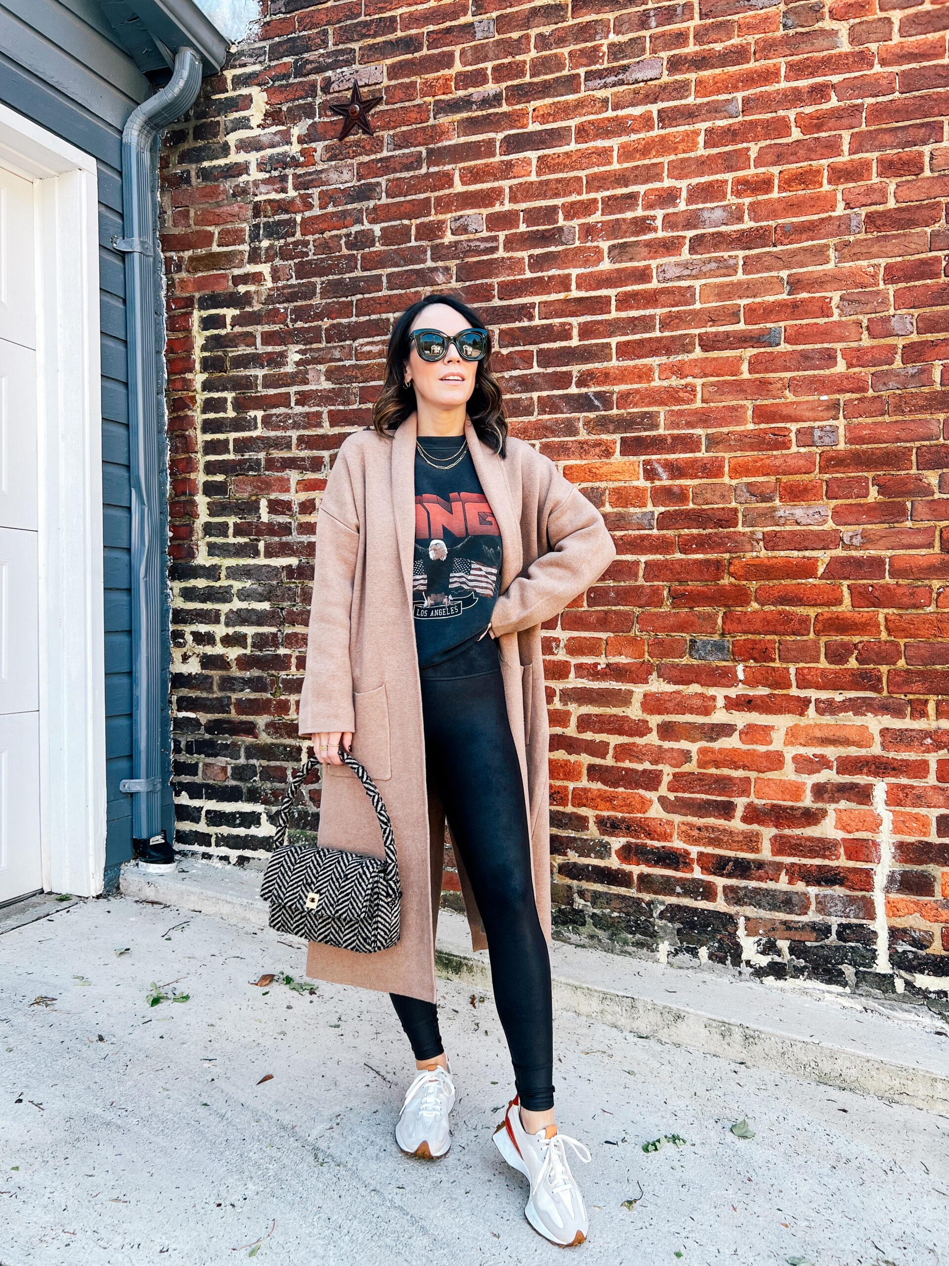 Longline Cardigan with Graphic Tee and Faux Leather Longline Cardigan with Graphic Tee and Faux Leather — Cardigan Outfits