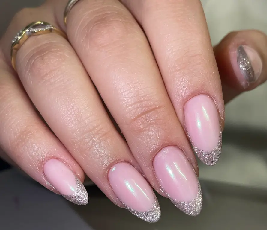 Glitter French Pink Almond Nails Glitter French Pink Almond Nails — Winter Pink Nails