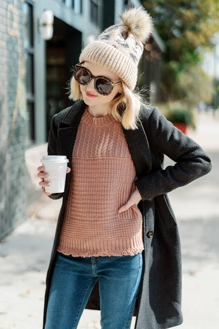 Pink Textured Sweater Under Grey Wool Coat Pink Textured Sweater Under Grey Wool Coat — Winter Layering Outfits