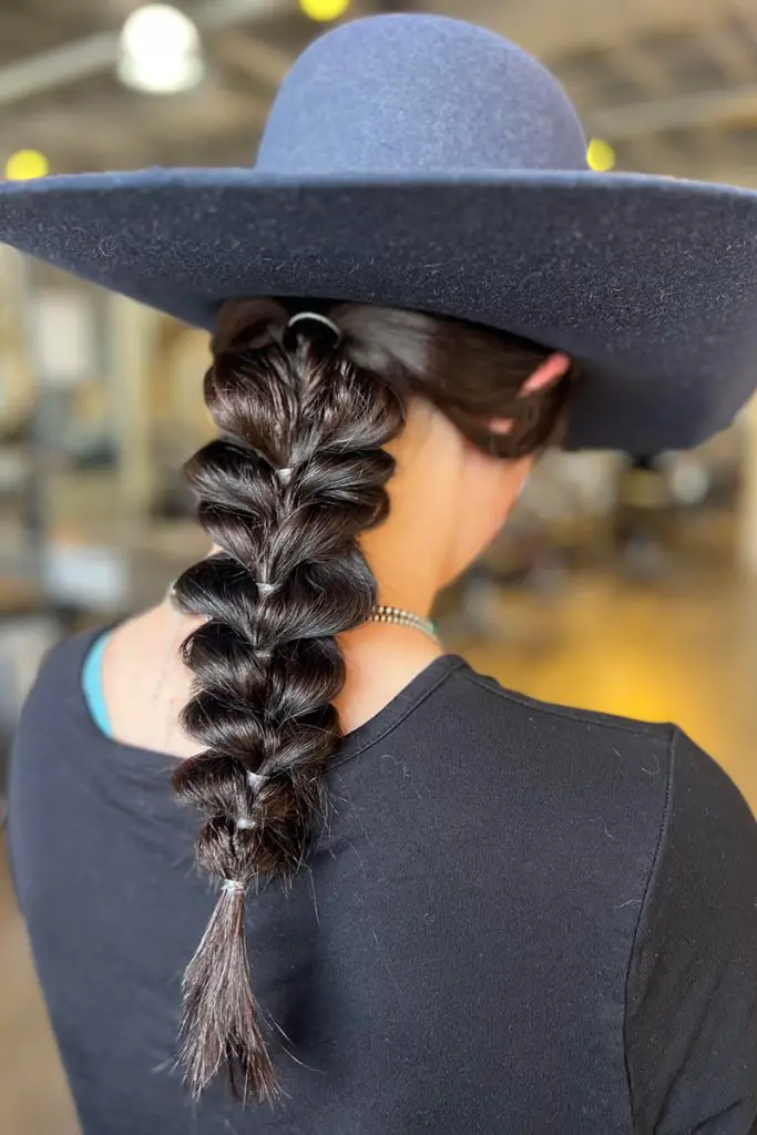 Thick Dark Brown Chunky Braid with Hat Thick Dark Brown Chunky Braid with Hat — Winter Hat Hairstyles