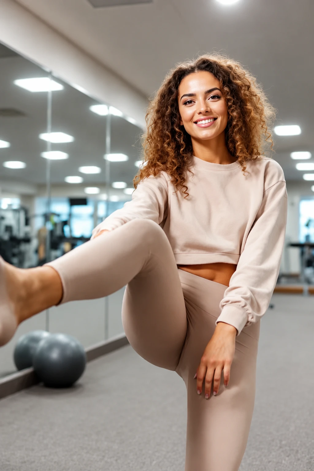 Beige Cropped Sweatshirt and Leggings for a Coordinated Set — Winter Workout Outfits