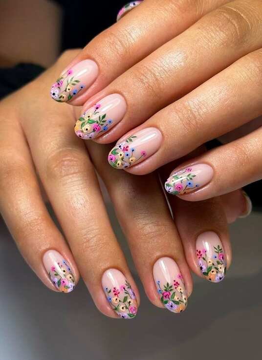 Sheer Nude with Delicate Multicolor Florals Sheer Nude with Delicate Multicolor Florals — Short Nail Designs