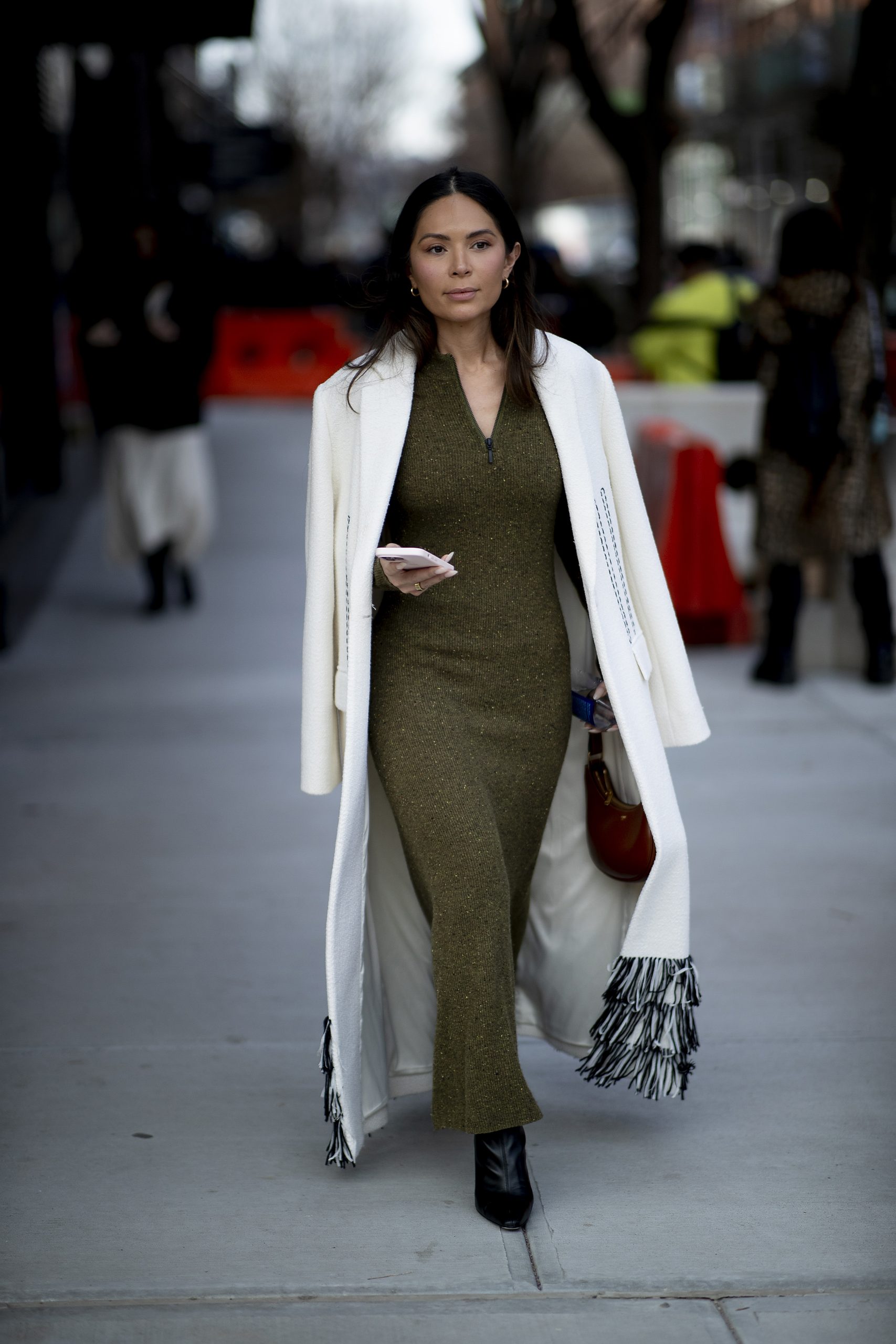 Olive Green Knit Dress with Fringe Detail Wool Coat Olive Green Knit Dress with Fringe Detail Wool Coat — Cute Winter Outfits
