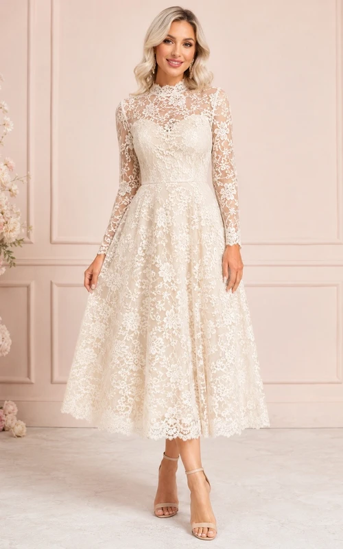 Ivory Lace Midi Dress with High Neckline and Fit-and-Flare Silhouette Ivory Lace Midi Dress with High Neckline and Fit-and-Flare Silhouette — Winter Formal Dresses