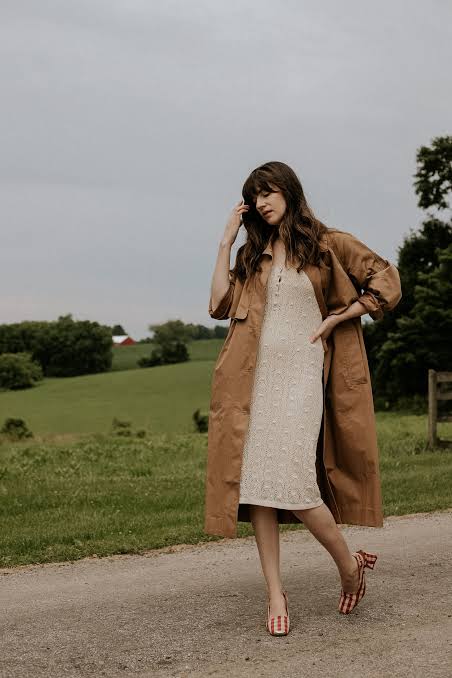 Brown Trench Coat with Textured Dress and Checkered Heels — Long Coat Outfits