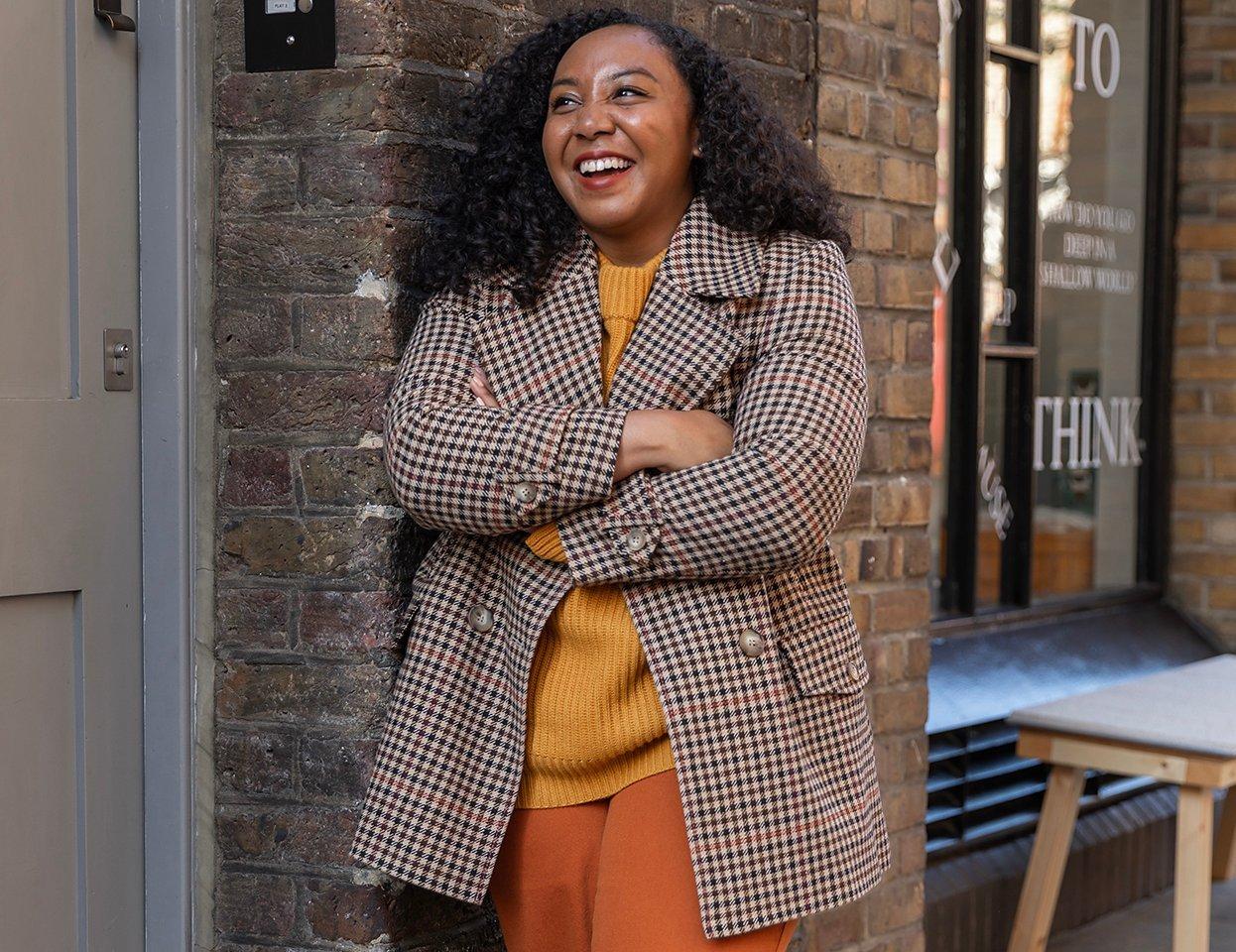 Checked Peacoat with Mustard Sweater and Orange Trousers — Peacoat Outfits