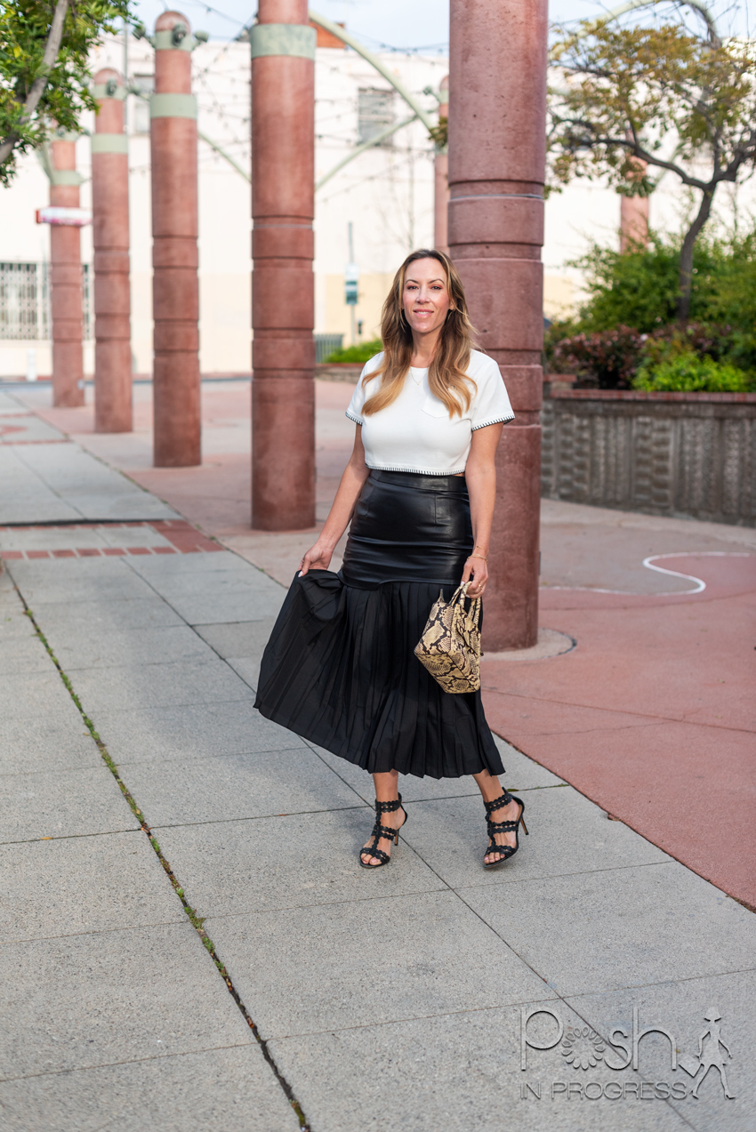 Smart Casual: Faux Leather Midi with Trimmed Top Smart Casual: Faux Leather Midi with Trimmed Top — Leather Skirt Outfits