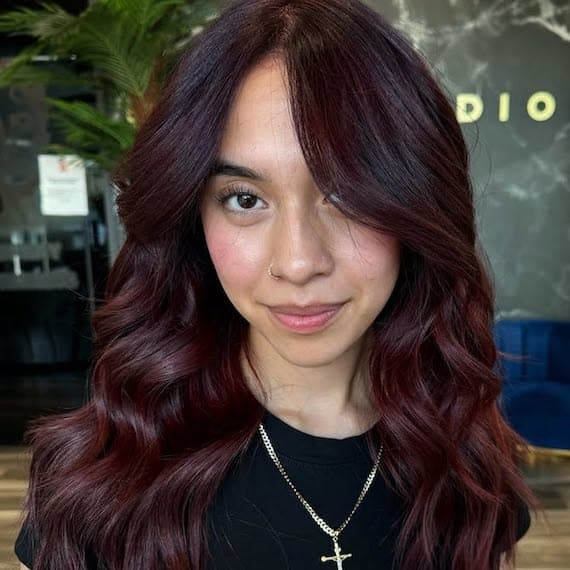 Side Bangs Visual Idea Side Bangs Visual Idea — Burgundy Hair Color