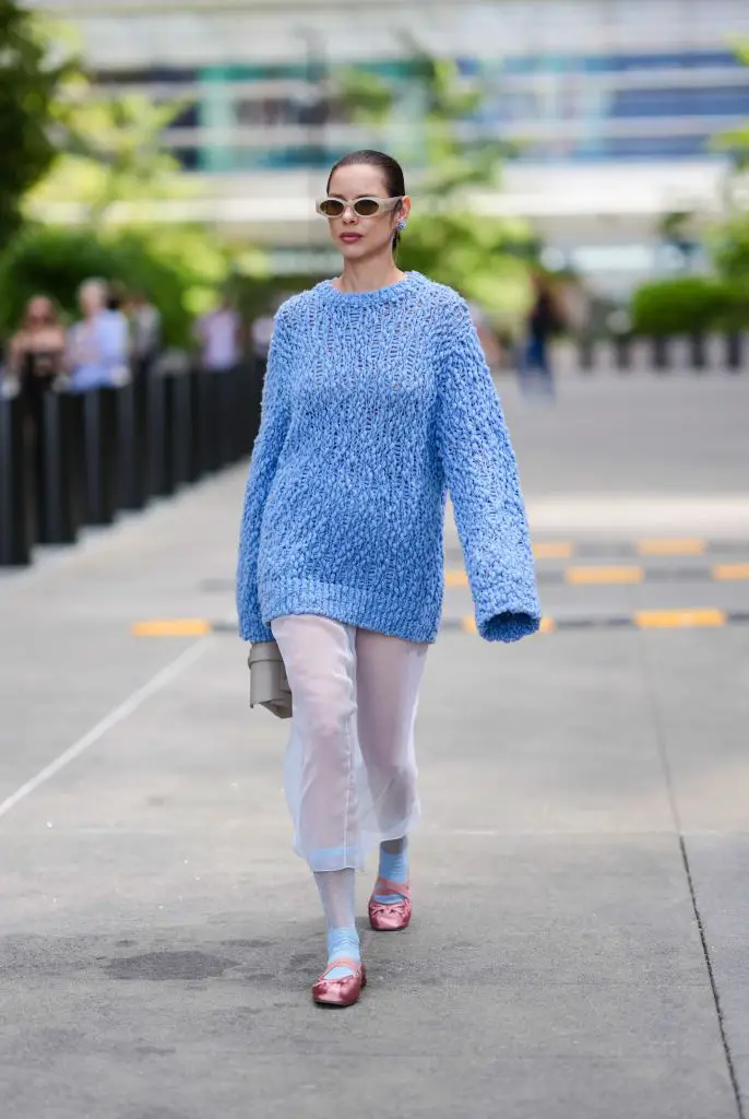 Textural Intrigue: Blue Knit Sweater with Sheer Pants Textural Intrigue: Blue Knit Sweater with Sheer Pants — Oversized Sweater Outfits