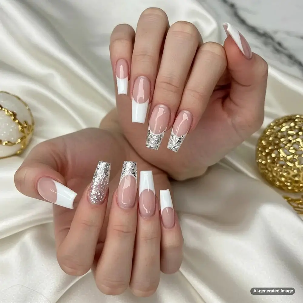 Sheer Pink White Silver Glitter Silver Glitter French Coffin Nails Sheer Pink White Silver Glitter Silver Glitter French Coffin Nails — Winter Coffin Nails