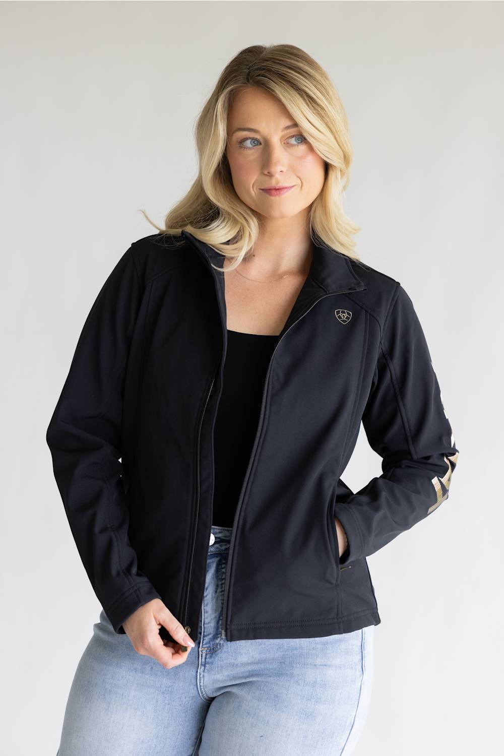 Incorporate Gold Stripe Details on a Black Softshell Jacket — Fleece Jacket Outfits