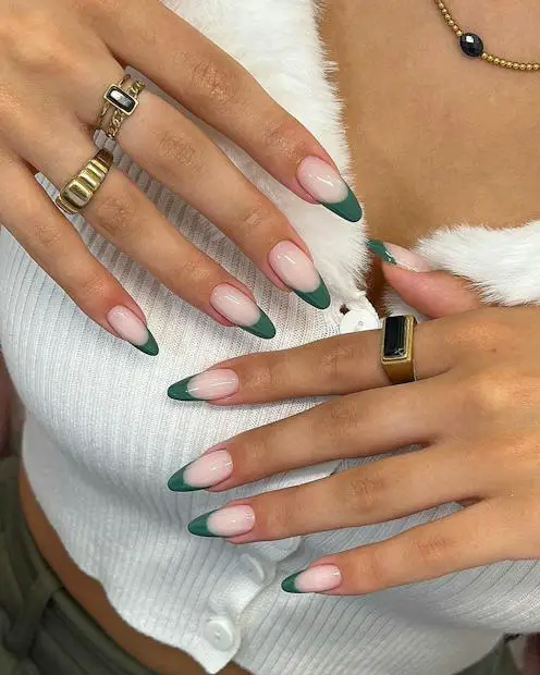 Transitional Weather Spring Deep Green French Tip Long Almond Nails Transitional Weather Spring Deep Green French Tip Long Almond Nails — Green Nail Designs