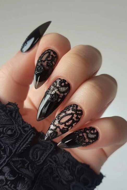 Full Black Lace Glossy Stiletto Nails — Lace Nails