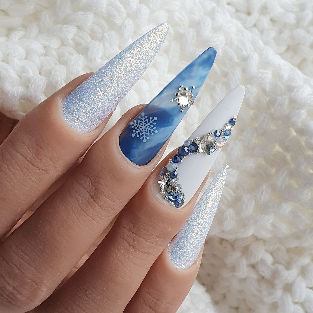 White Blue Glitter Rhinestone Stilettos White Blue Glitter Rhinestone Stilettos — Winter Wonderland Nails