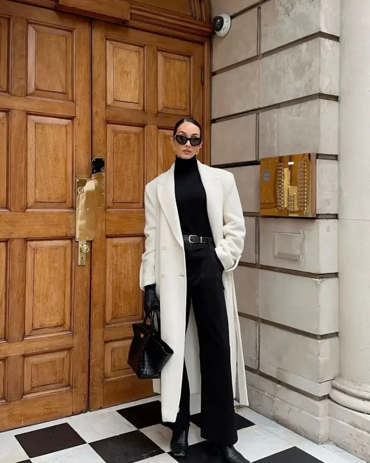 Sharp White Wool Coat Over Black Business Casual Attire — Winter White Outfits