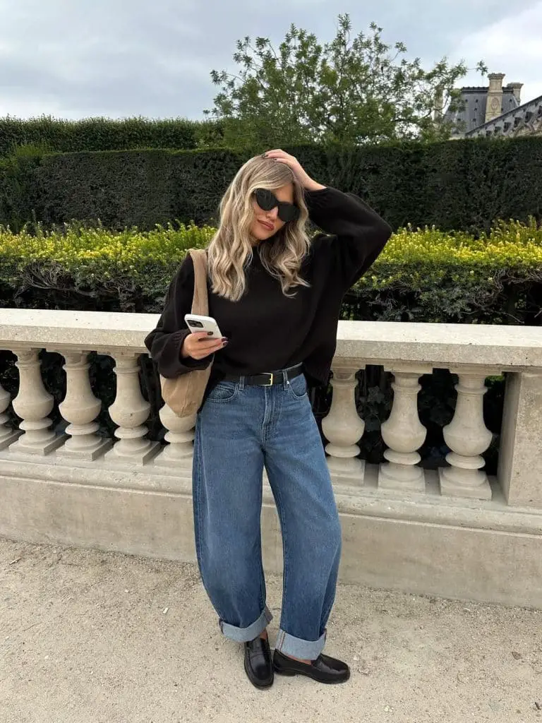 Black Crewneck Sweater and Loafers Black Crewneck Sweater and Loafers — Winter Outfits with Wide Leg Jeans