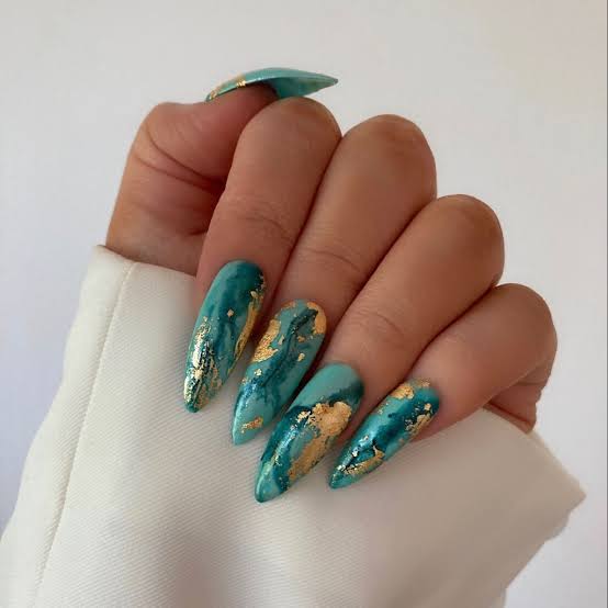 Teal Gold Foil Marble Stilettos — Winter Marble Nails