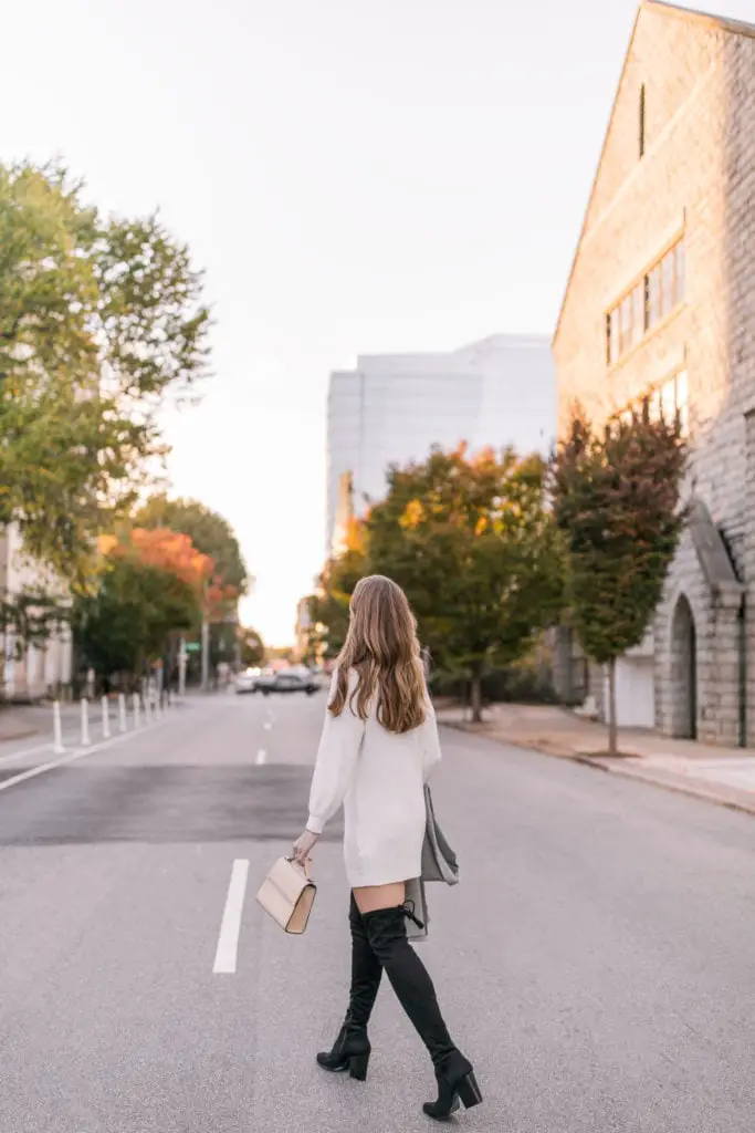 Black Suede Over-the-Knee Boots with White Knit Sweater Dress Black Suede Over-the-Knee Boots with White Knit Sweater Dress — Suede Boots Outfits