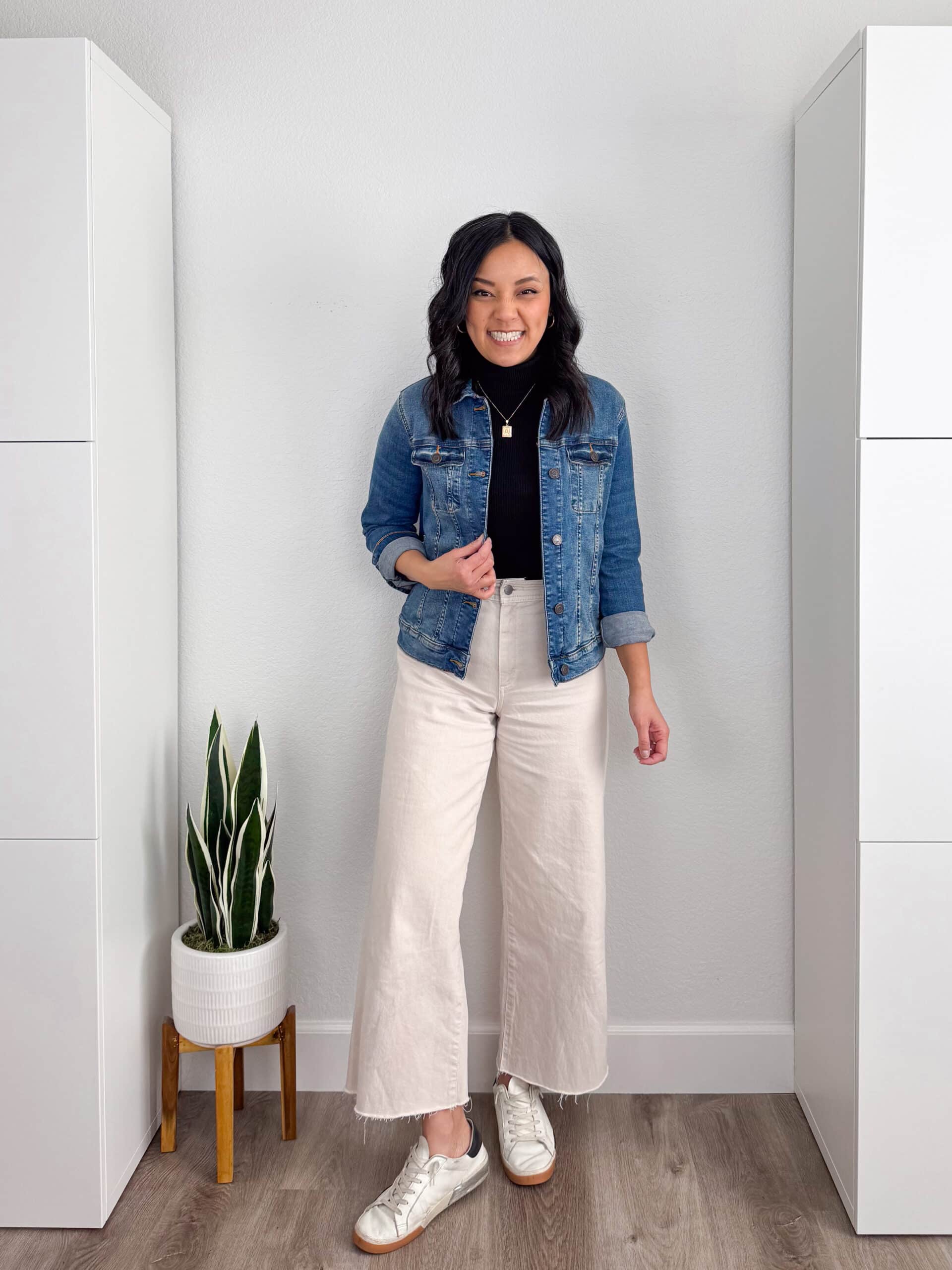 Black Turtleneck Under Denim Jacket with Beige Wide-Leg Pants Black Turtleneck Under Denim Jacket with Beige Wide-Leg Pants — Turtleneck Outfits
