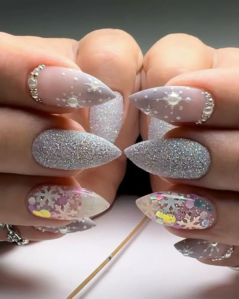 Sparkling Snowflake Pearl Stilettos Sparkling Snowflake Pearl Stilettos — Winter Stiletto Nails