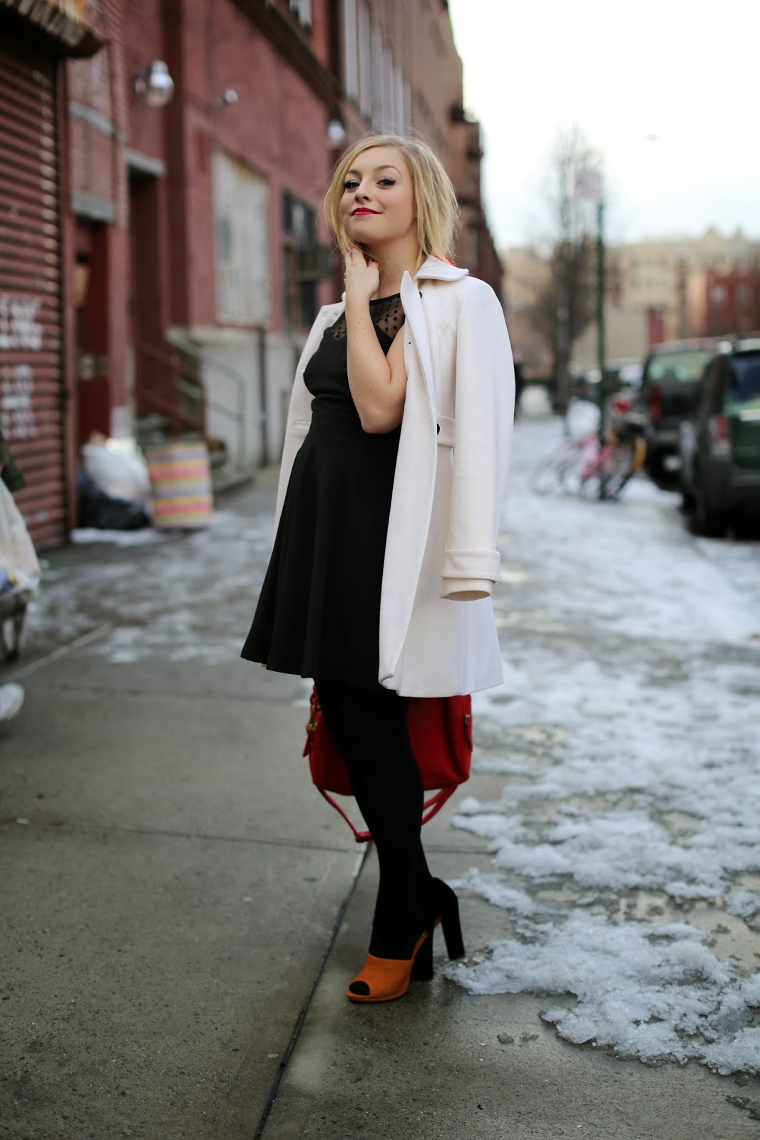 Chic White Coat Over a Lace Dress with Bold Heels Chic White Coat Over a Lace Dress with Bold Heels — Nashville Winter Outfits