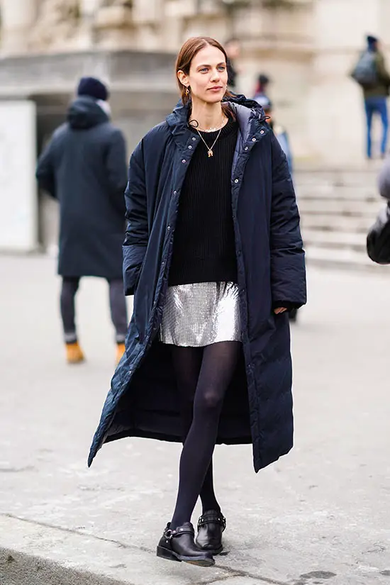 Long Navy Quilted Puffer with Metallic Mini Skirt Long Navy Quilted Puffer with Metallic Mini Skirt — Parka Outfits