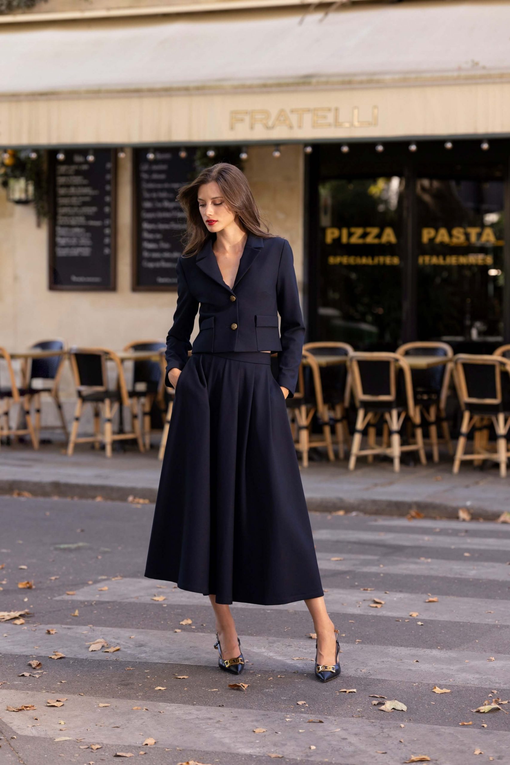 Sophisticated Set: Navy Wool Blend Blazer and Midi Skirt Sophisticated Set: Navy Wool Blend Blazer and Midi Skirt — Dressy Winter Outfits