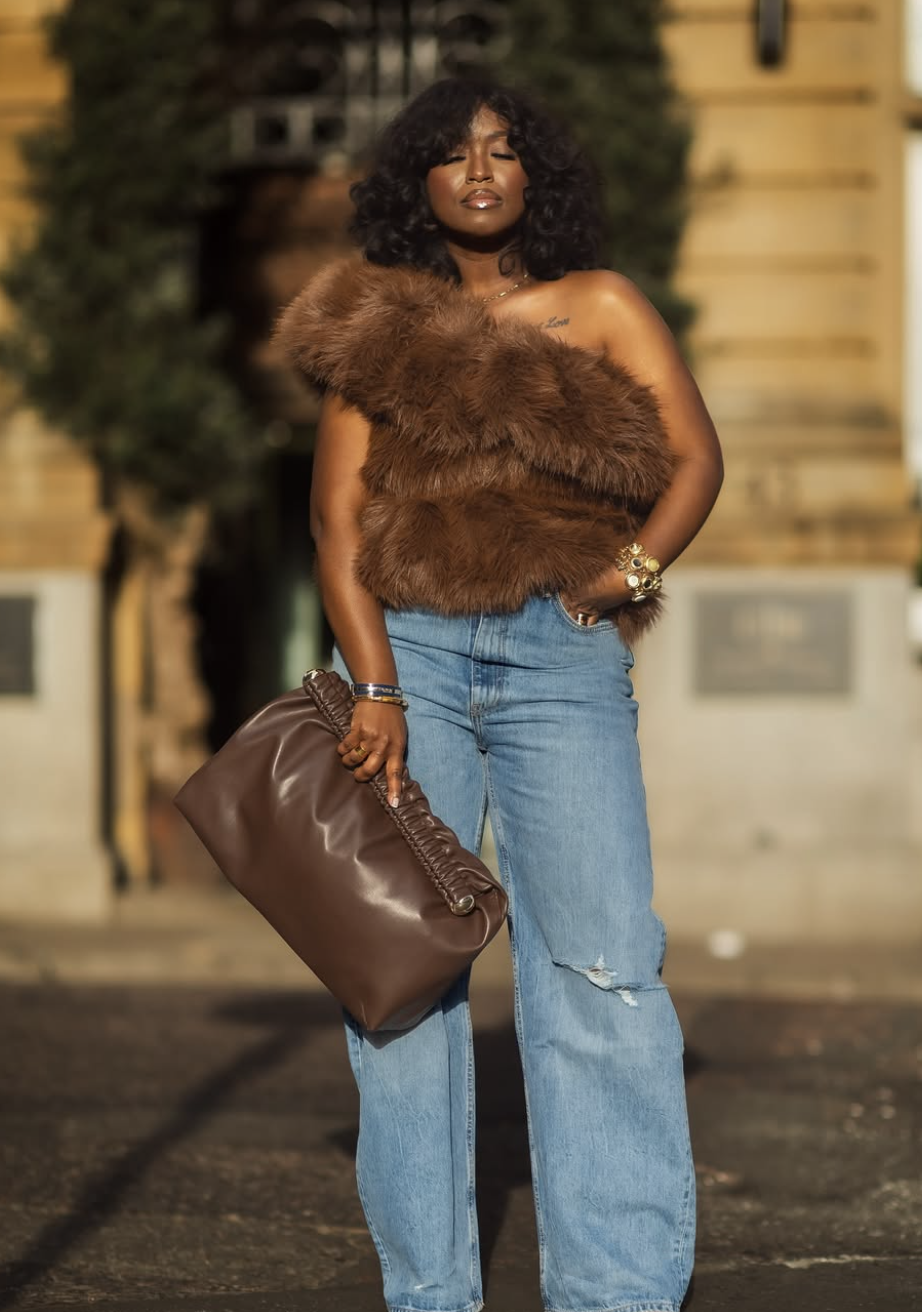 Edgy Texture: Faux Fur One-Shoulder Top with Wide-Leg Jeans Edgy Texture: Faux Fur One-Shoulder Top with Wide-Leg Jeans — Winter Outfits for Moms
