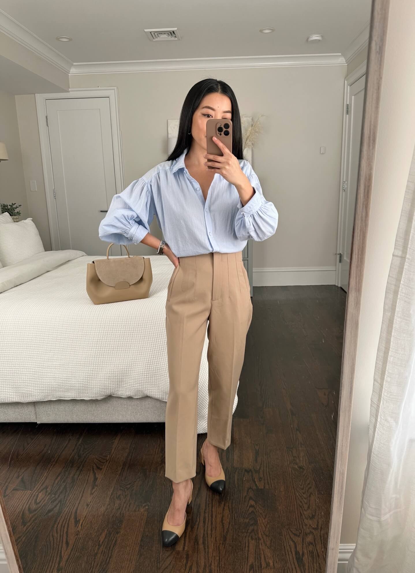 Polished Beige Trousers with a Striped Button-Down — Winter Outfits for Petite Women