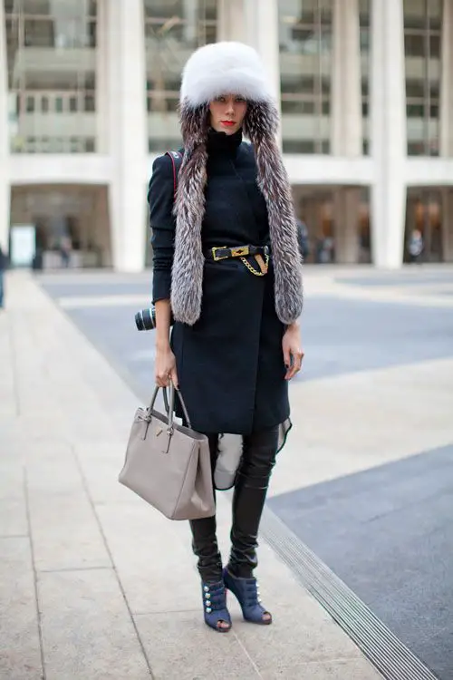 Urban Chic: Black and White Fur Hat with Leather Pants Urban Chic: Black and White Fur Hat with Leather Pants — Fur Hat Outfits